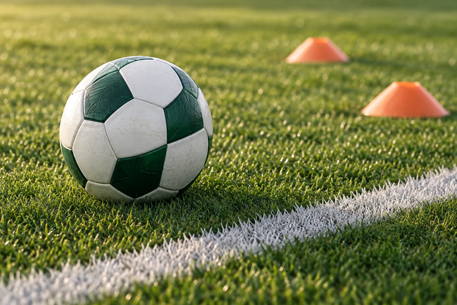 晨光下草坪上的足球,运动主题示意图